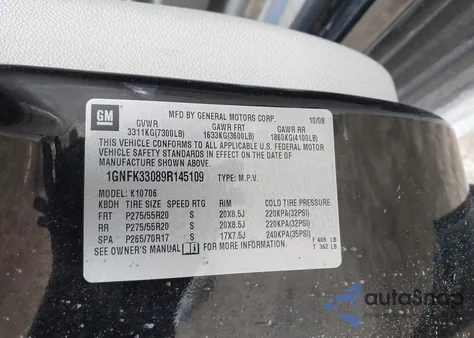 2009 Chevrolet Tahoe Ltz z USA, uszkodzony, nr VIN 1GNFK33089R145109